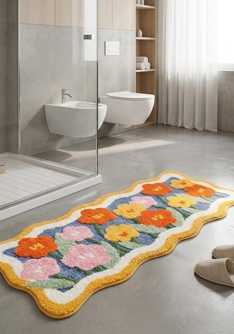 Saffron Rugs Hand Tufted Cotton Bath Mat | Multicolor Scalloped | Anti Slip Backing | Bohemian Floral Bathroom Rug