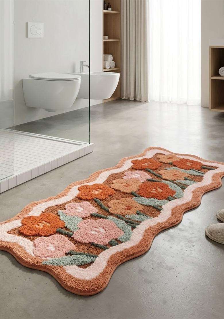 Saffron Rugs Hand Tufted Cotton Bath Mat | Terracotta Orange Scalloped | Anti Slip Backing | Bohemian Floral Bathroom Rug - Indya