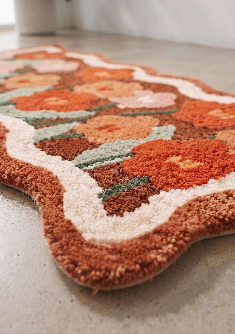 Saffron Rugs Hand Tufted Cotton Bath Mat | Terracotta Orange Scalloped | Anti Slip Backing | Bohemian Floral Bathroom Rug - Indya