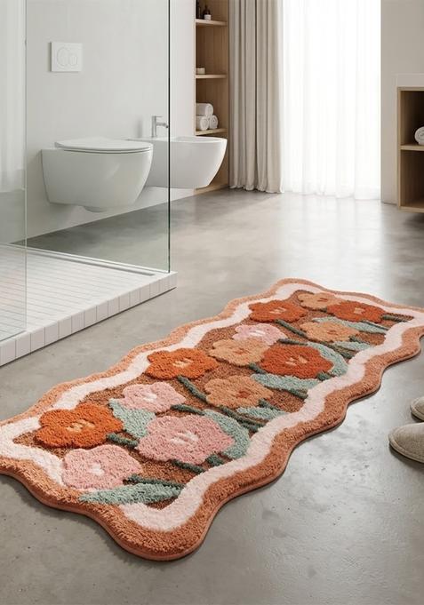 Saffron Rugs Hand Tufted Cotton Bath Mat | Terracotta Orange Scalloped | Anti Slip Backing | Bohemian Floral Bathroom Rug