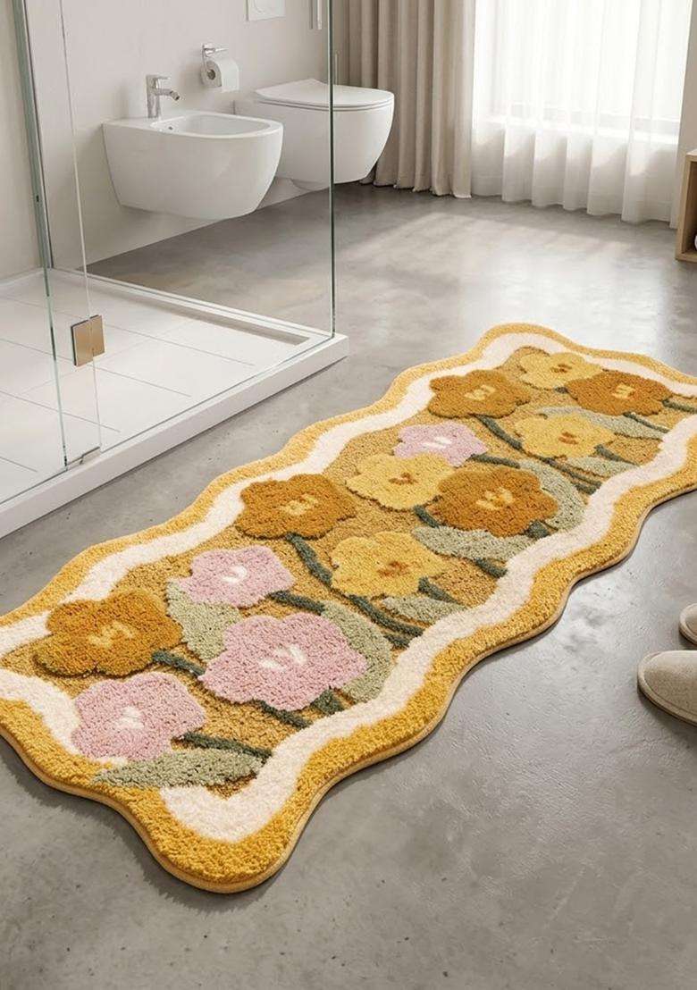 Saffron Rugs Hand Tufted Cotton Bath Mat | Mustard Yellow Scalloped | Anti Slip Backing | Bohemian Floral Bathroom Rug - Indya