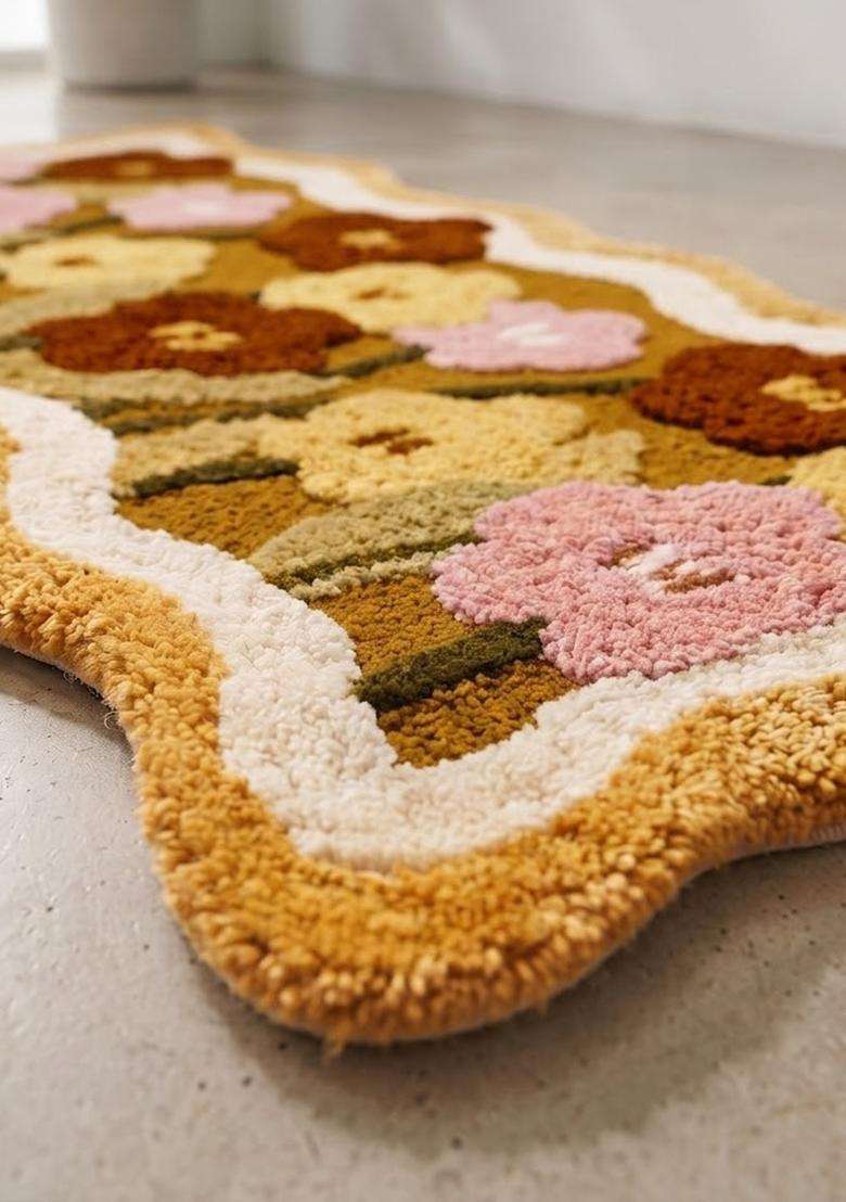 Saffron Rugs Hand Tufted Cotton Bath Mat | Mustard Yellow Scalloped | Anti Slip Backing | Bohemian Floral Bathroom Rug - Indya