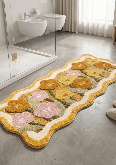 Saffron Rugs Hand Tufted Cotton Bath Mat | Mustard Yellow Scalloped | Anti Slip Backing | Bohemian Floral Bathroom Rug