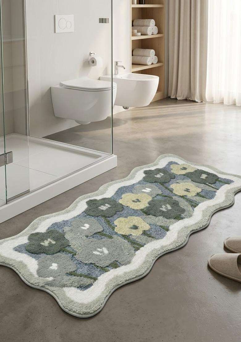 Saffron Rugs Hand Tufted Cotton Bath Mat | Sage Green Grey Scalloped | Anti Slip Backing | Bohemian Floral Bathroom Rug - Indya