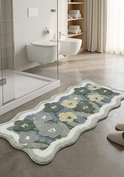 Saffron Rugs Hand Tufted Cotton Bath Mat | Sage Green Grey Scalloped | Anti Slip Backing | Bohemian Floral Bathroom Rug