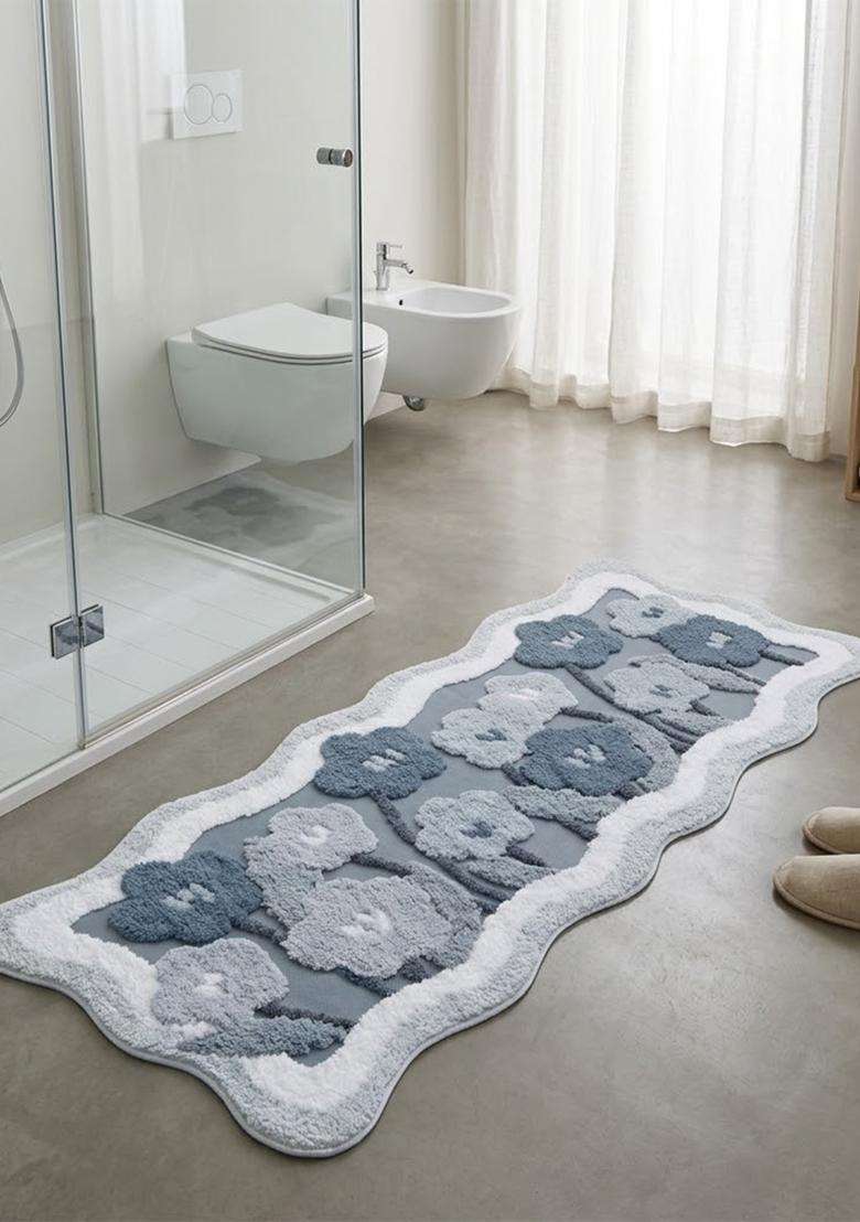 Saffron Rugs Hand Tufted Cotton Bath Mat | Blue Grey Scalloped | Anti Slip Backing | Bohemian Floral Bathroom Rug - Indya