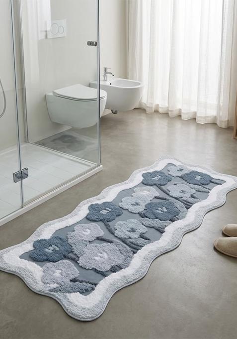 Saffron Rugs Hand Tufted Cotton Bath Mat | Blue Grey Scalloped | Anti Slip Backing | Bohemian Floral Bathroom Rug