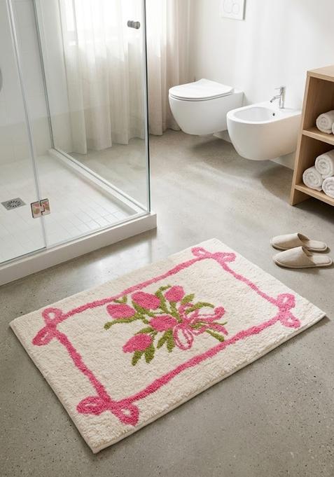 Saffron Rugs Hand Tufted Cotton Bath Mat | Cream Pink Rectangular | Anti Slip Backing | Shabby Chic Floral Bathroom Rug