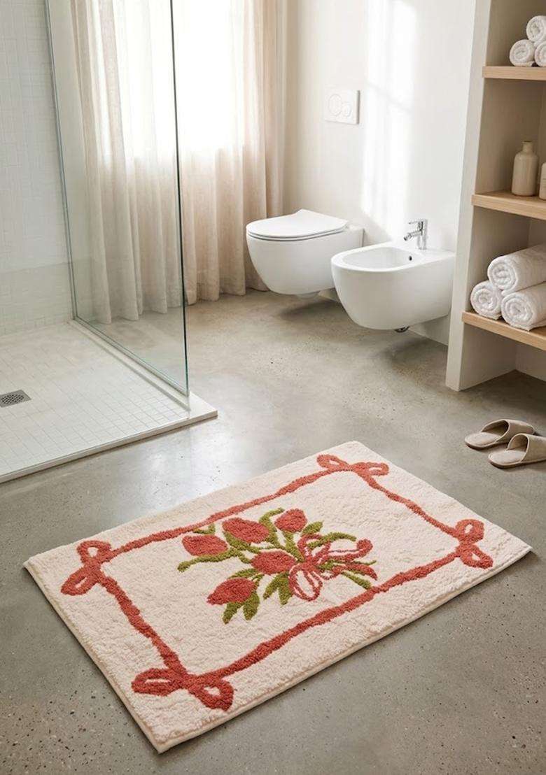 Saffron Rugs Hand Tufted Cotton Bath Mat | Cream Coral Rectangular | Anti Slip Backing | Shabby Chic Floral Bathroom Rug - Indya