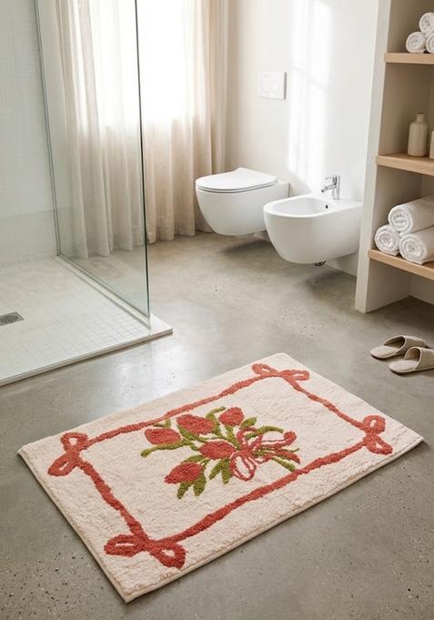 Saffron Rugs Hand Tufted Cotton Bath Mat | Cream Coral Rectangular | Anti Slip Backing | Shabby Chic Floral Bathroom Rug