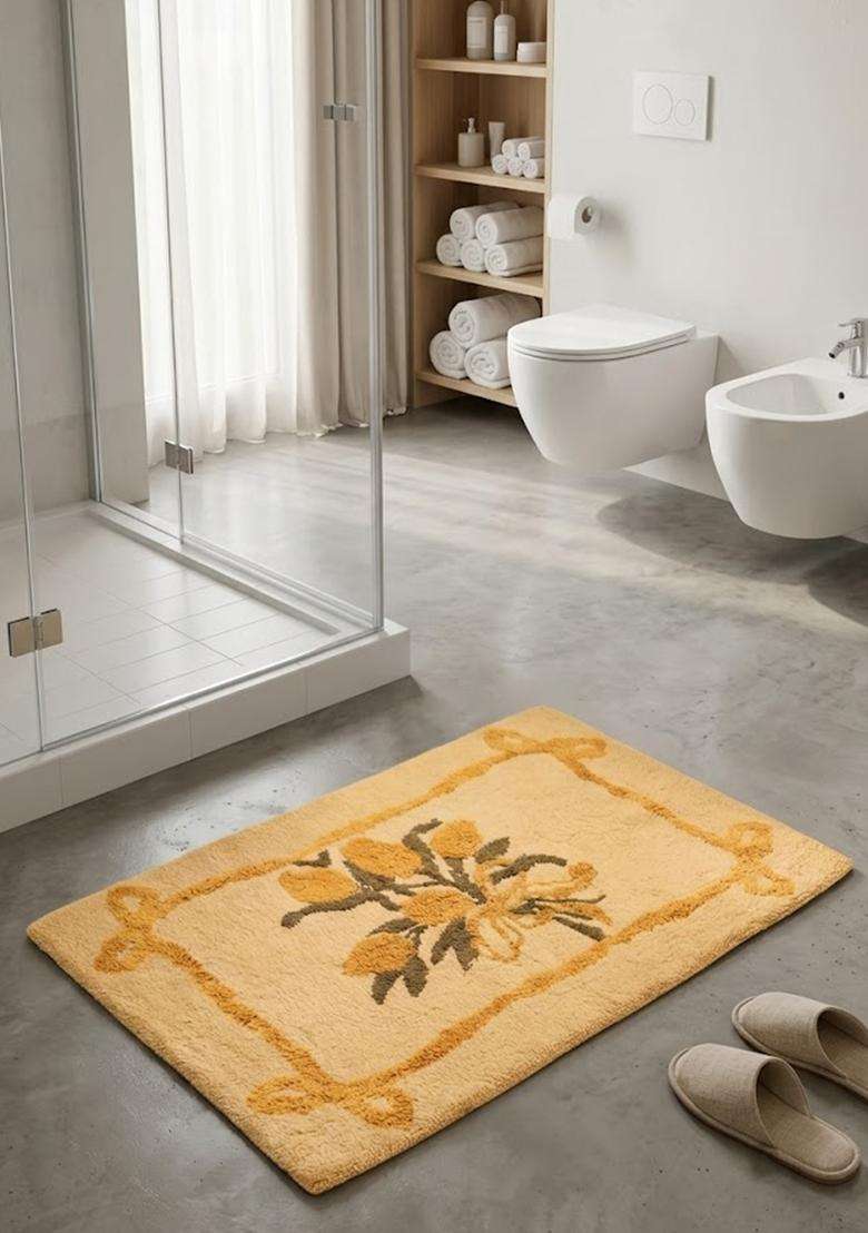 Saffron Rugs Hand Tufted Cotton Bath Mat | Golden Yellow Rectangular | Anti Slip Backing | Shabby Chic Floral Bathroom Rug - Indya