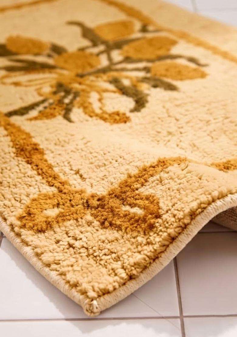 Saffron Rugs Hand Tufted Cotton Bath Mat | Golden Yellow Rectangular | Anti Slip Backing | Shabby Chic Floral Bathroom Rug - Indya