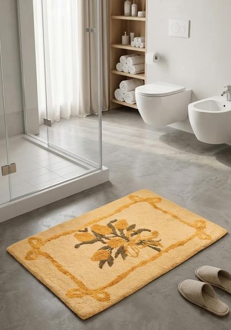 Saffron Rugs Hand Tufted Cotton Bath Mat | Golden Yellow Rectangular | Anti Slip Backing | Shabby Chic Floral Bathroom Rug
