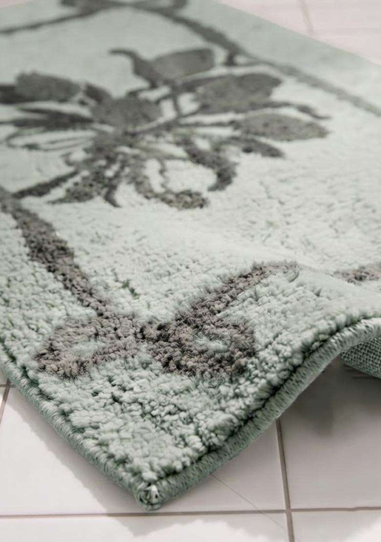 Saffron Rugs Hand Tufted Cotton Bath Mat | Sage Green Rectangular | Anti Slip Backing | Shabby Chic Floral Bathroom Rug - Indya