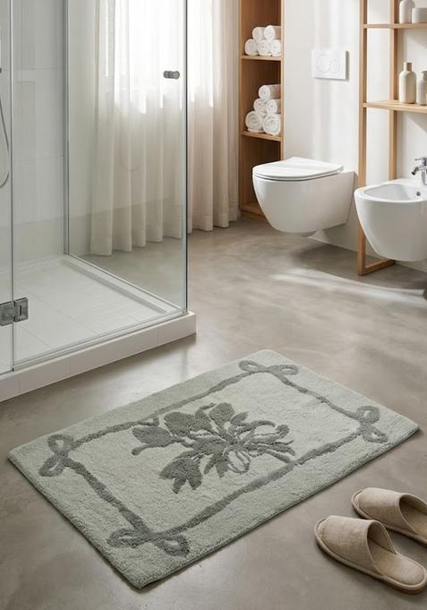 Saffron Rugs Hand Tufted Cotton Bath Mat | Sage Green Rectangular | Anti Slip Backing | Shabby Chic Floral Bathroom Rug