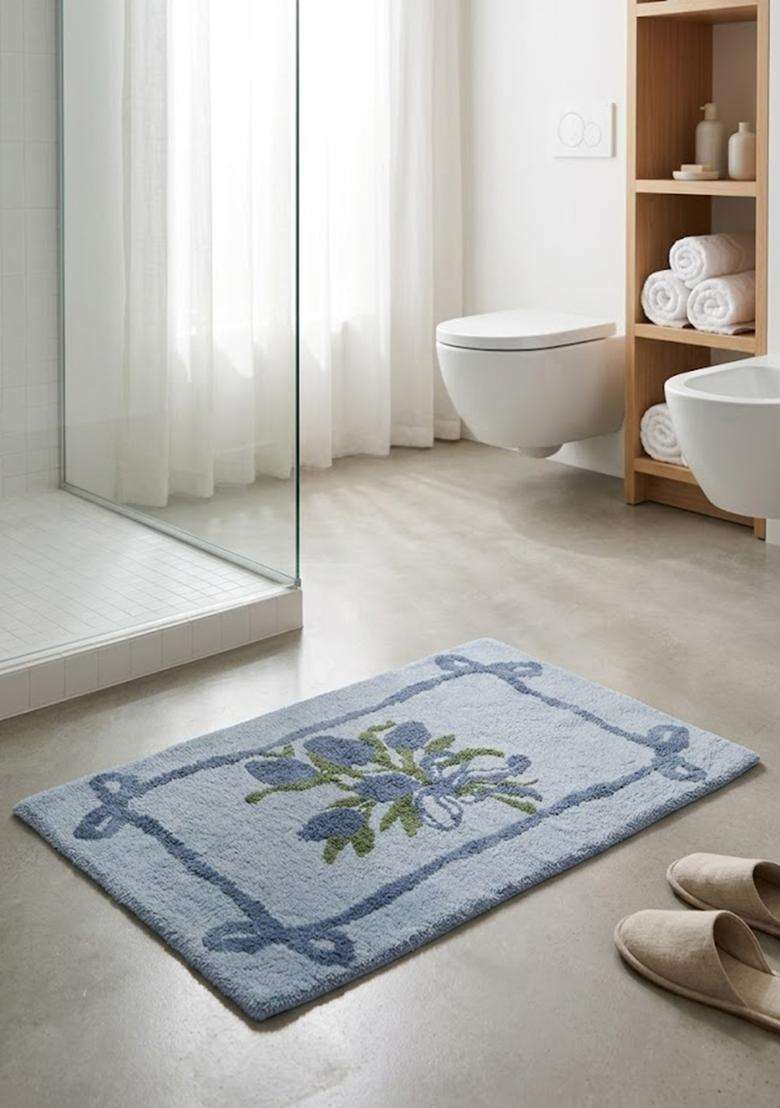 Saffron Rugs Hand Tufted Cotton Bath Mat | Light Blue Rectangular | Anti Slip Backing | Shabby Chic Floral Bathroom Rug - Indya