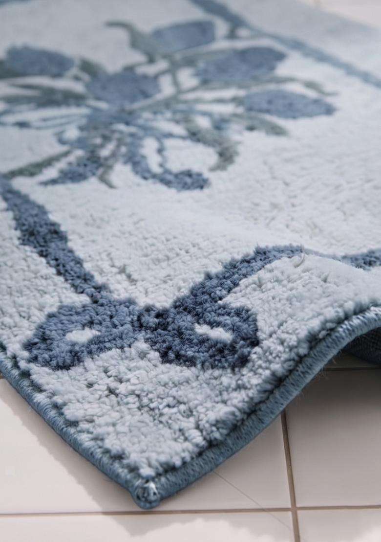 Saffron Rugs Hand Tufted Cotton Bath Mat | Light Blue Rectangular | Anti Slip Backing | Shabby Chic Floral Bathroom Rug - Indya