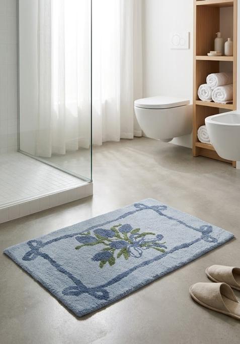 Saffron Rugs Hand Tufted Cotton Bath Mat | Light Blue Rectangular | Anti Slip Backing | Shabby Chic Floral Bathroom Rug
