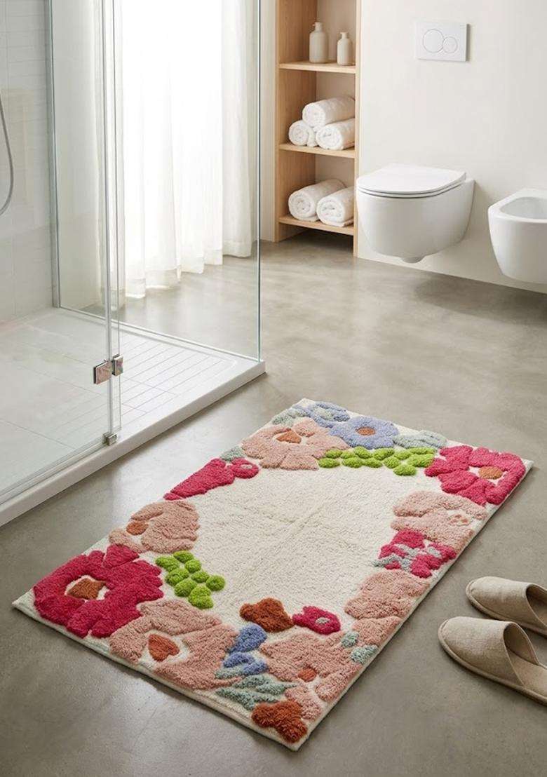 Saffron Rugs Hand Tufted Cotton Bath Mat | Cream Multicolor Rectangular | Anti Slip Backing | Bohemian Floral Bathroom Rug - Indya