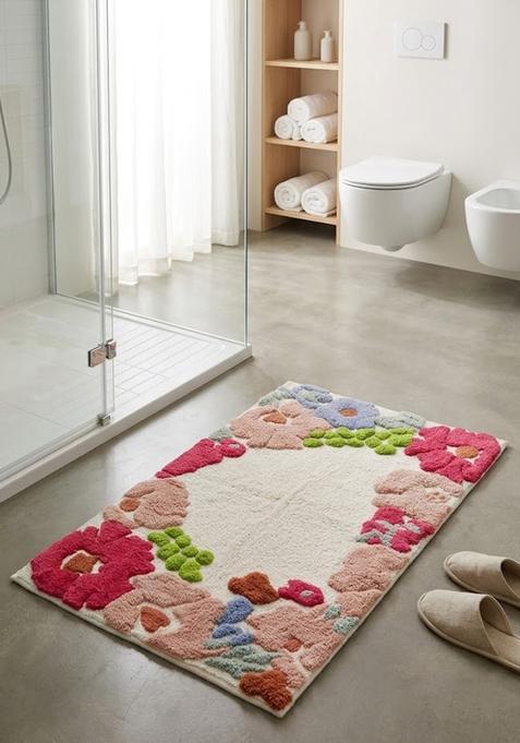 Saffron Rugs Hand Tufted Cotton Bath Mat | Cream Multicolor Rectangular | Anti Slip Backing | Bohemian Floral Bathroom Rug