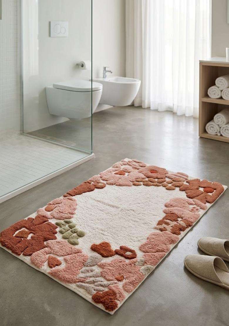 Saffron Rugs Hand Tufted Cotton Bath Mat | Blush Pink Rectangular | Anti Slip Backing | Bohemian Floral Bathroom Rug - Indya
