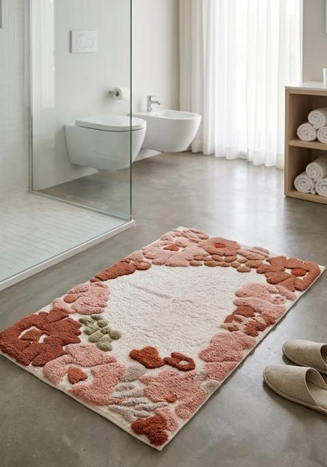 Saffron Rugs Hand Tufted Cotton Bath Mat | Blush Pink Rectangular | Anti Slip Backing | Bohemian Floral Bathroom Rug
