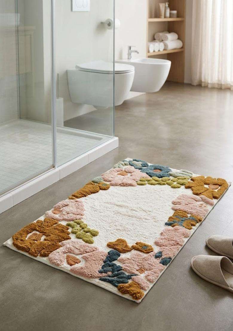Saffron Rugs Hand Tufted Cotton Bath Mat | Cream Multicolor 2 Rectangular | Anti Slip Backing | Bohemian Floral Bathroom Rug - Indya