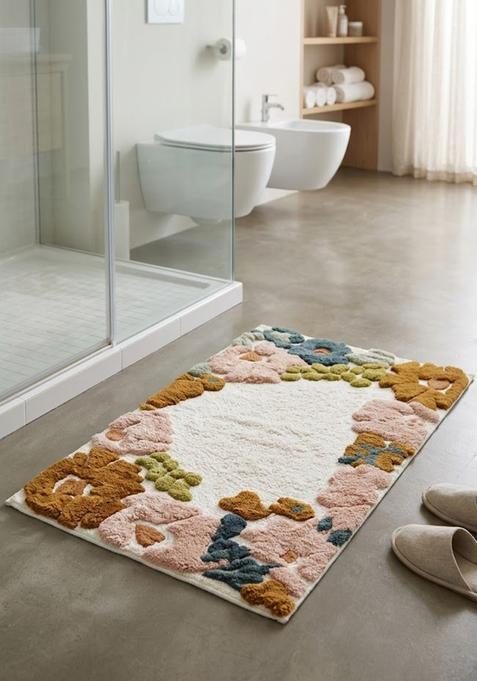 Saffron Rugs Hand Tufted Cotton Bath Mat | Cream Multicolor 2 Rectangular | Anti Slip Backing | Bohemian Floral Bathroom Rug