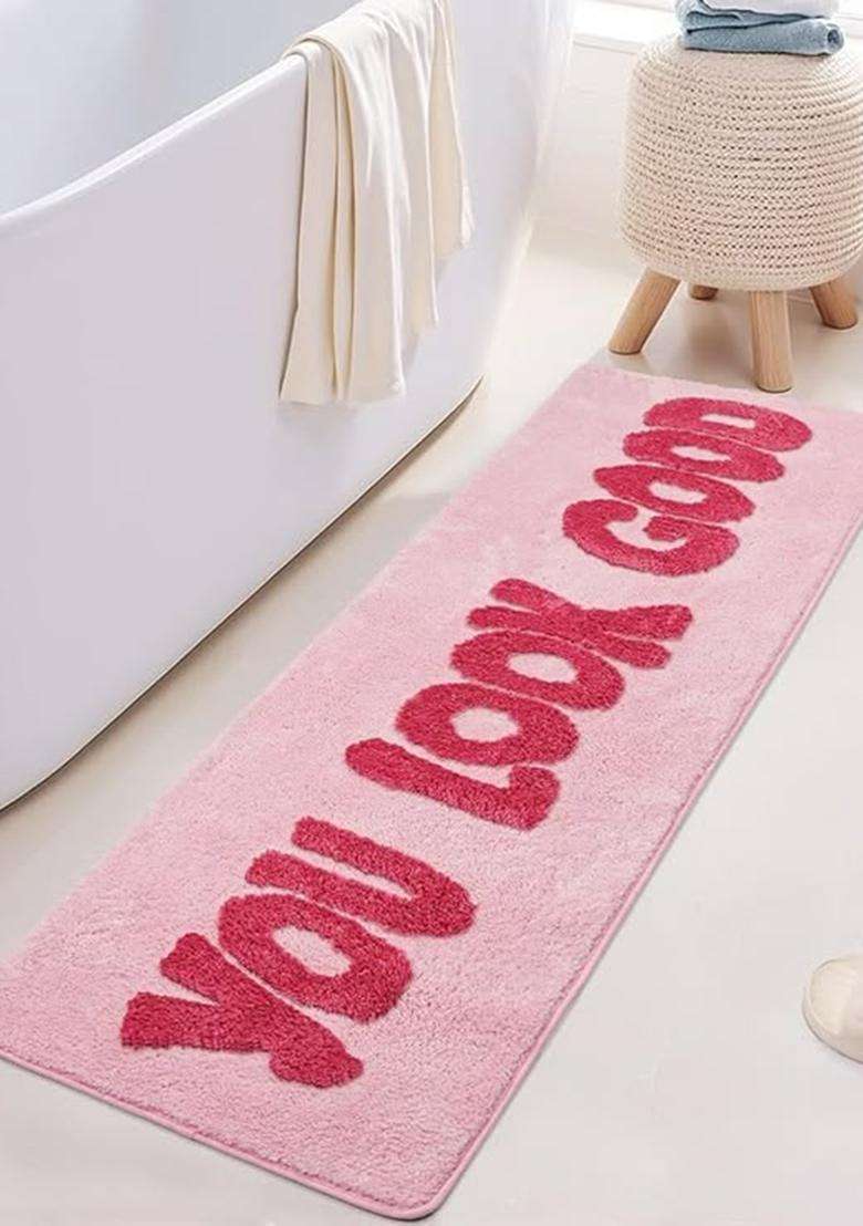 Saffron Rugs Hand Tufted Cotton Bath Mat | Light Pink Rectangular | Anti Slip Backing | Casual Typography BATHMATS Bathroom Rug - Indya