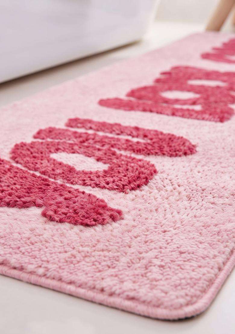 Saffron Rugs Hand Tufted Cotton Bath Mat | Light Pink Rectangular | Anti Slip Backing | Casual Typography BATHMATS Bathroom Rug - Indya