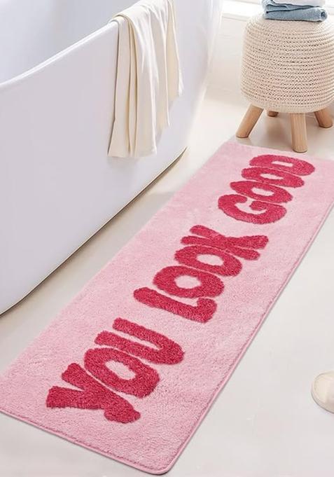 Saffron Rugs Hand Tufted Cotton Bath Mat | Light Pink Rectangular | Anti Slip Backing | Casual Typography BATHMATS Bathroom Rug