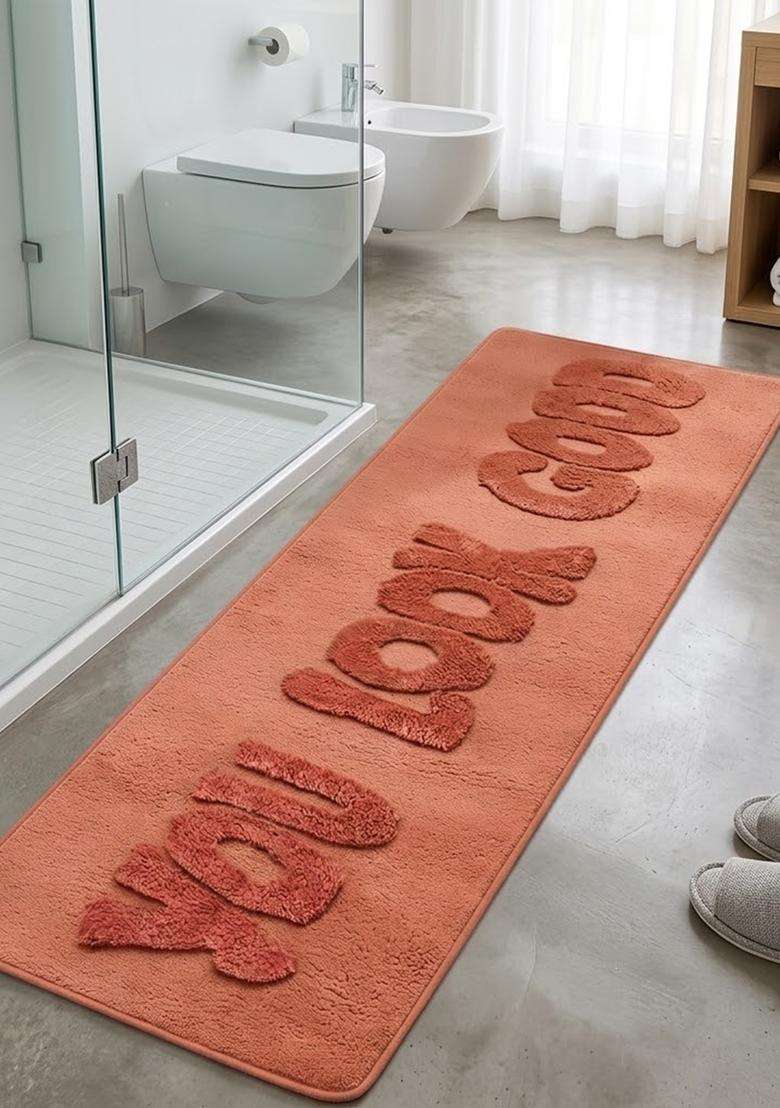 Saffron Rugs Hand Tufted Cotton Bath Mat | Terracotta Orange Rectangular | Anti Slip Backing | Casual Typography BATHMATS Bathroom Rug - Indya