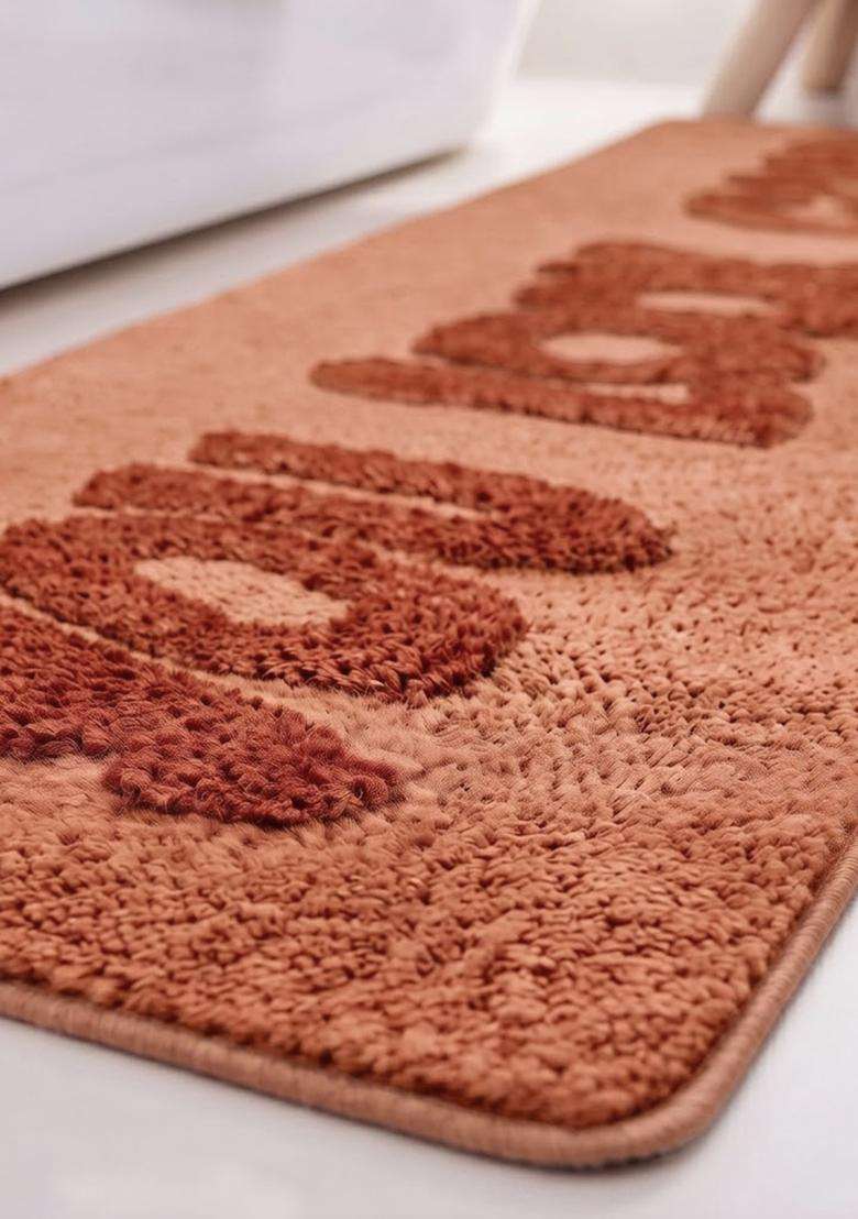 Saffron Rugs Hand Tufted Cotton Bath Mat | Terracotta Orange Rectangular | Anti Slip Backing | Casual Typography BATHMATS Bathroom Rug - Indya