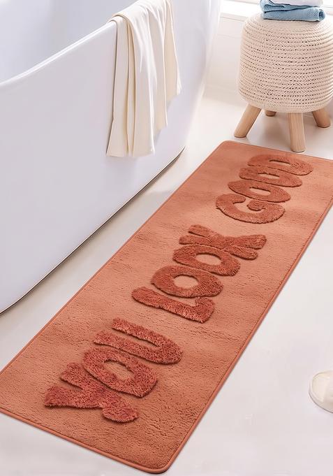 Saffron Rugs Hand Tufted Cotton Bath Mat | Terracotta Orange Rectangular | Anti Slip Backing | Casual Typography BATHMATS Bathroom Rug
