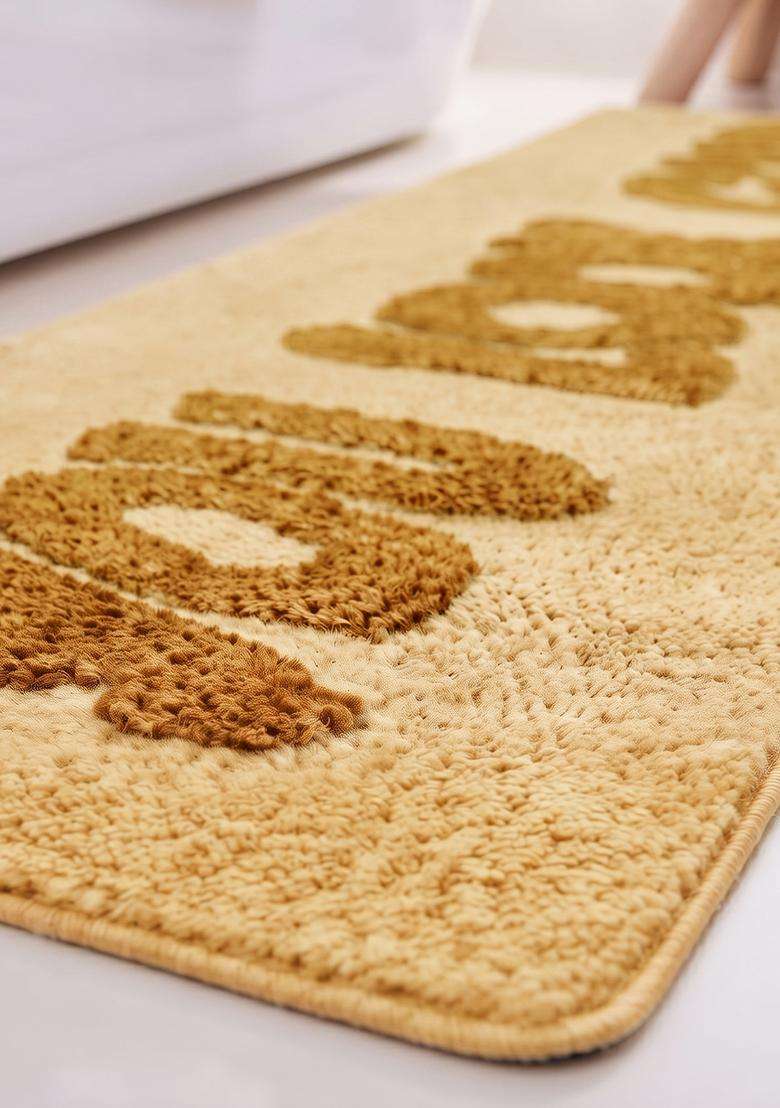 Saffron Rugs Hand Tufted Cotton Bath Mat | Golden Yellow Rectangular | Anti Slip Backing | Casual Typography BATHMATS Bathroom Rug - Indya