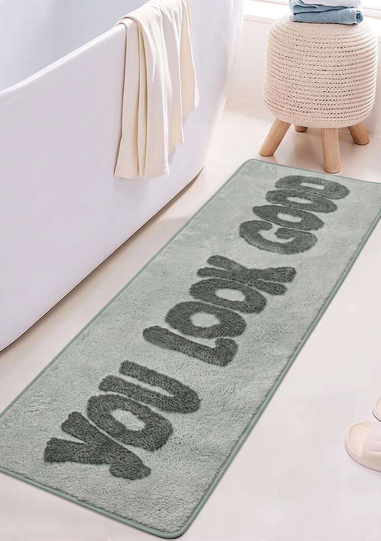 Saffron Rugs Hand Tufted Cotton Bath Mat | Light Sage Grey Rectangular | Anti Slip Backing | Casual Typography BATHMATS Bathroom Rug - Indya