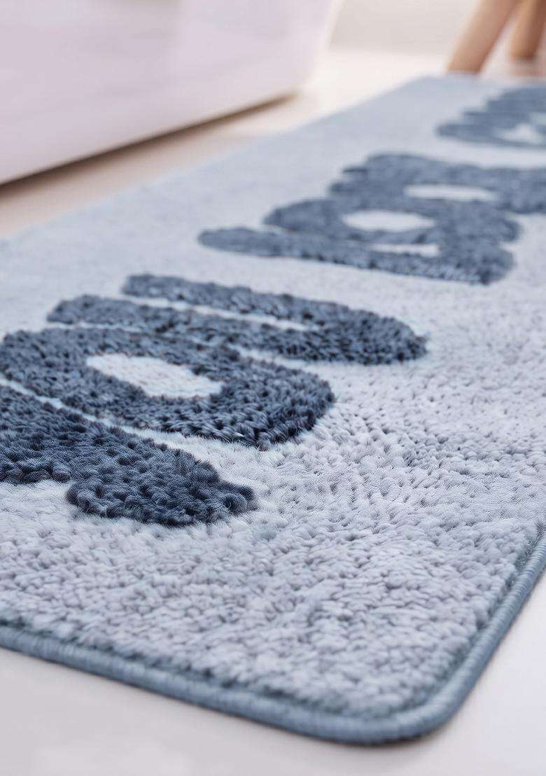 Saffron Rugs Hand Tufted Cotton Bath Mat | Light Blue Grey Rectangular | Anti Slip Backing | Casual Typography BATHMATS Bathroom Rug - Indya