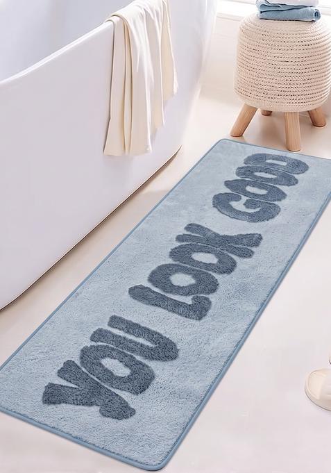 Saffron Rugs Hand Tufted Cotton Bath Mat | Light Blue Grey Rectangular | Anti Slip Backing | Casual Typography BATHMATS Bathroom Rug
