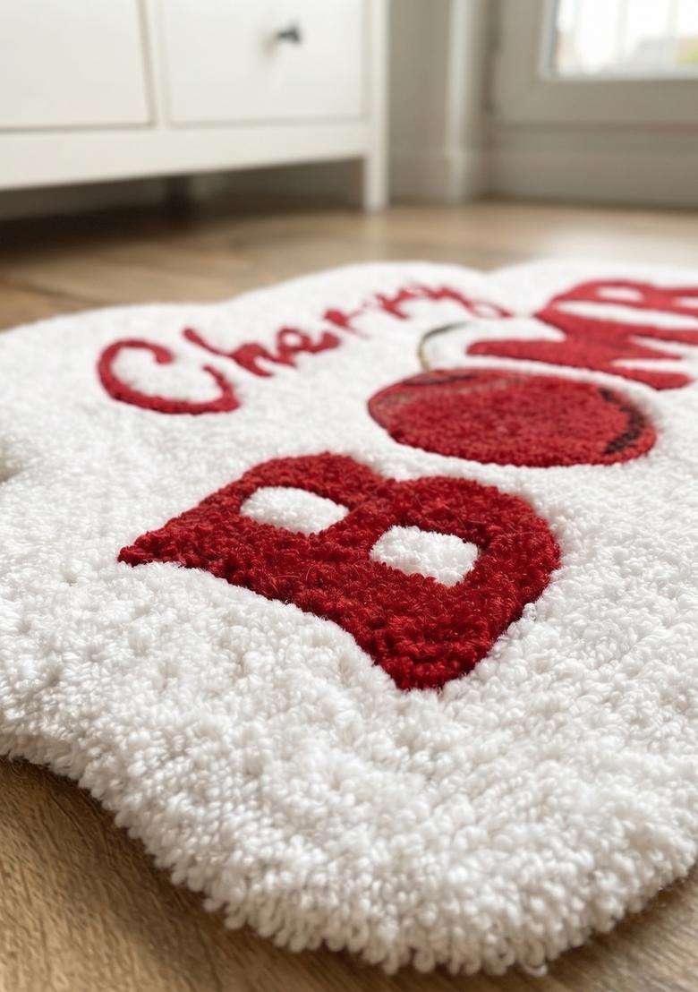 Saffron Rugs Hand Tufted Cotton Bath Mat | White and Red Scalloped | Anti Slip Backing | Contemporary Typography BATHMATS Bathroom Rug - Indya