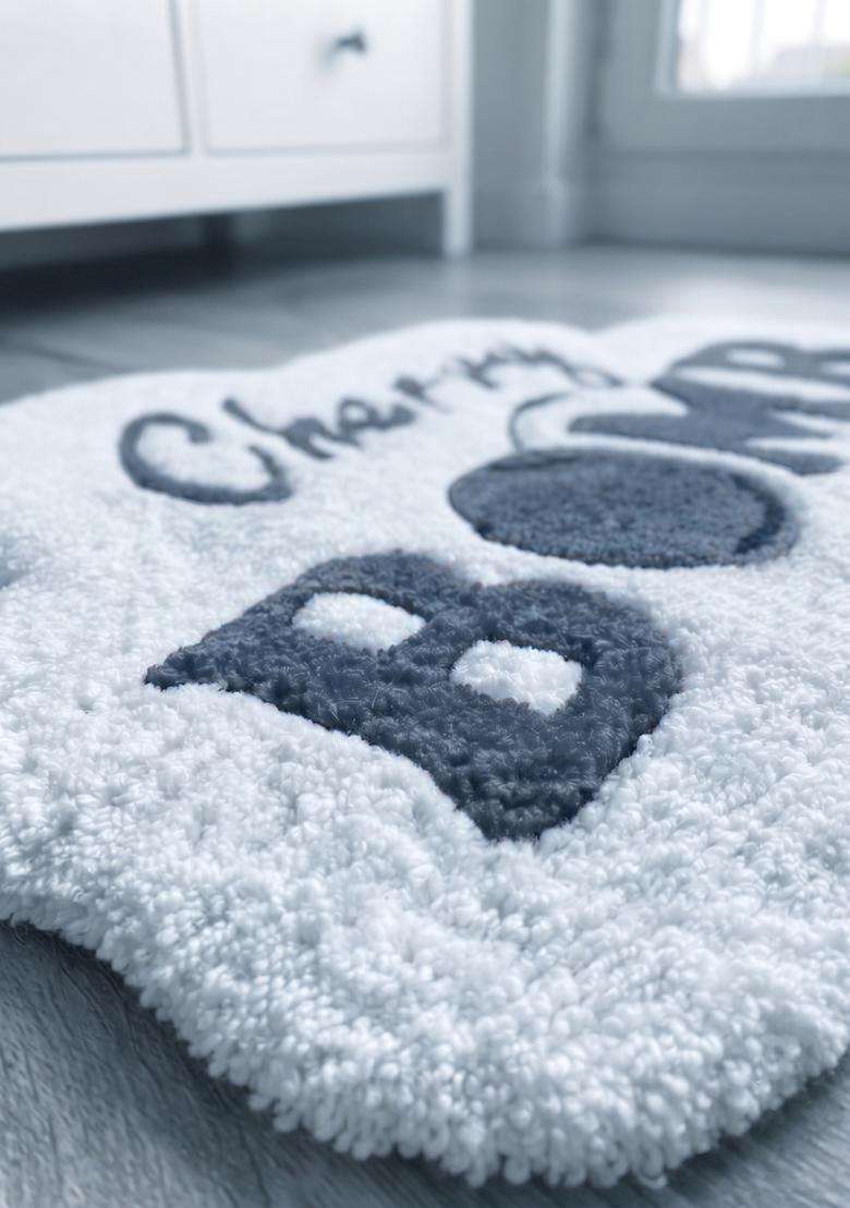 Saffron Rugs Hand Tufted Cotton Bath Mat | Light Blue Grey Scalloped | Anti Slip Backing | Contemporary Typography BATHMATS Bathroom Rug - Indya