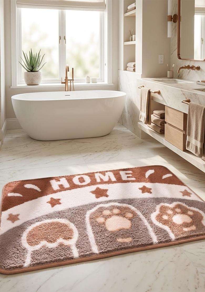 Saffron Rugs Hand Tufted Cotton Bath Mat | Brown Rectangular | Anti Slip Backing | Casual Typography BATHMATS Bathroom Rug - Indya