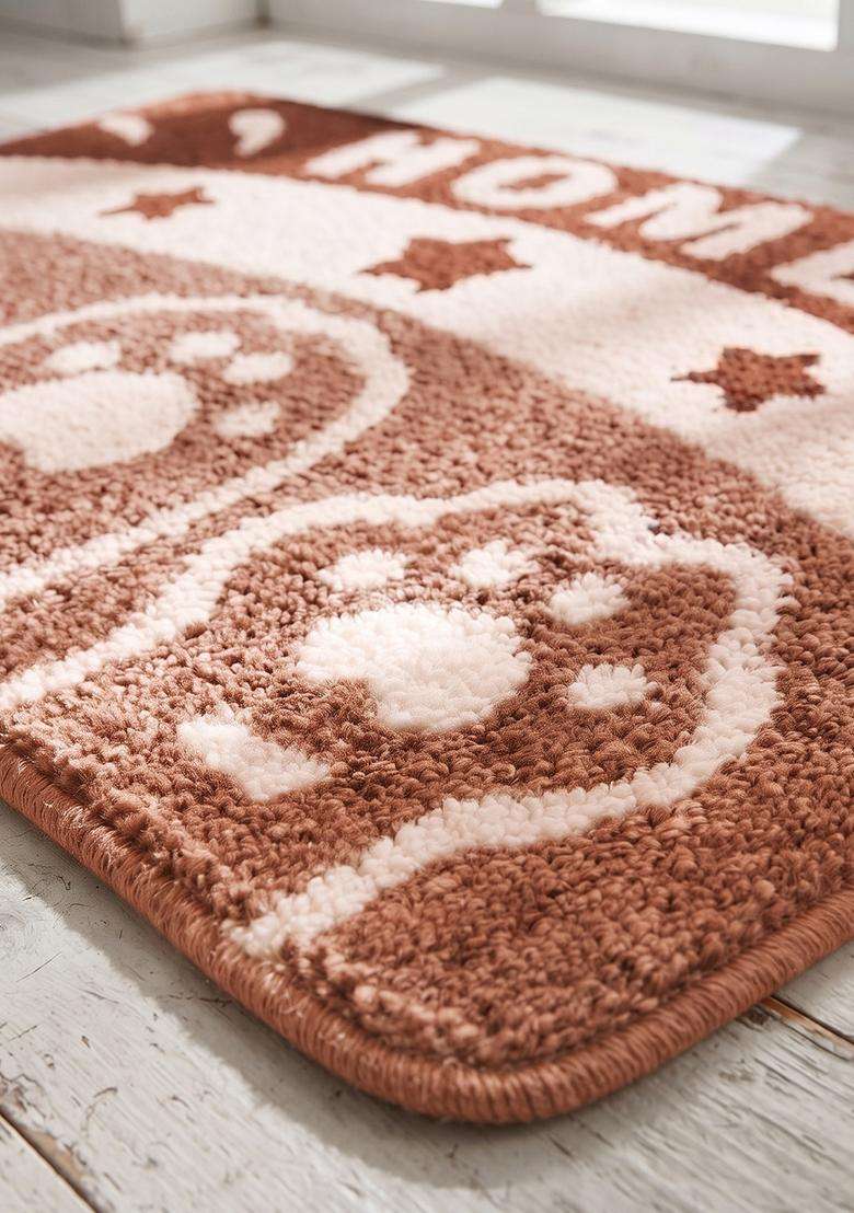 Saffron Rugs Hand Tufted Cotton Bath Mat | Brown Rectangular | Anti Slip Backing | Casual Typography BATHMATS Bathroom Rug - Indya