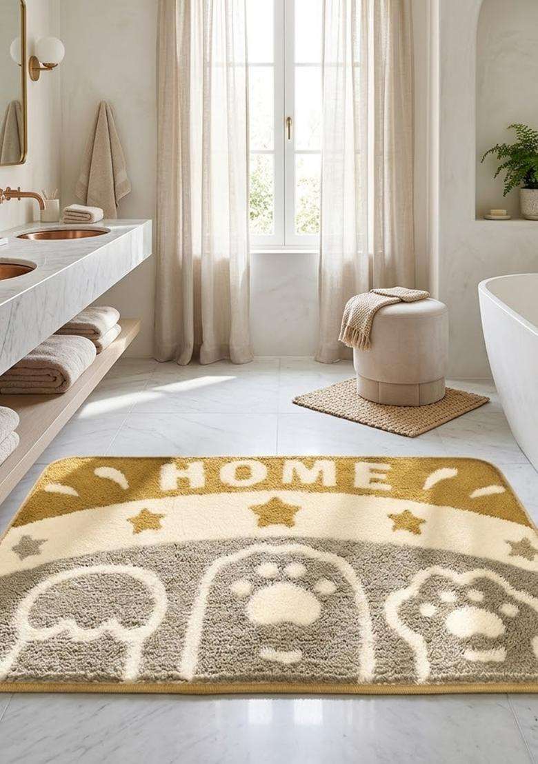Saffron Rugs Hand Tufted Cotton Bath Mat | Gold Grey Cream Rectangular | Anti Slip Backing | Casual Typography BATHMATS Bathroom Rug - Indya