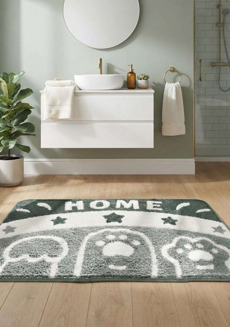 Saffron Rugs Hand Tufted Cotton Bath Mat | Grey Green Rectangular | Anti Slip Backing | Casual Typography BATHMATS Bathroom Rug - Indya