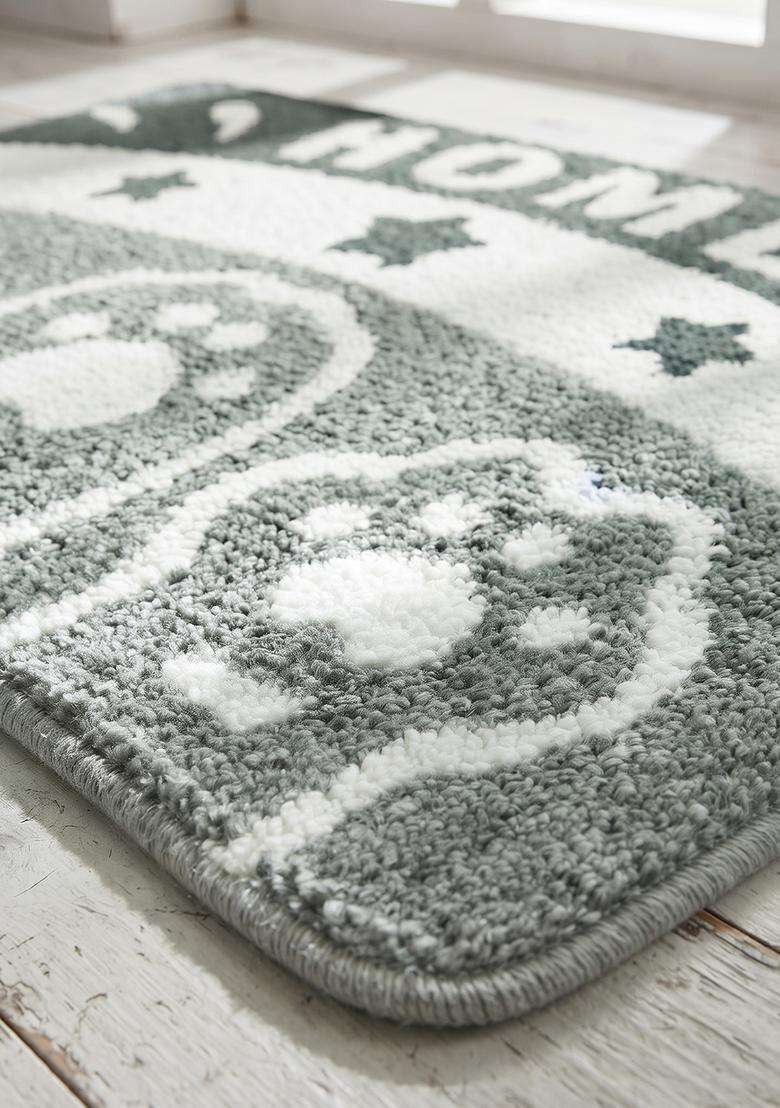 Saffron Rugs Hand Tufted Cotton Bath Mat | Grey Green Rectangular | Anti Slip Backing | Casual Typography BATHMATS Bathroom Rug - Indya