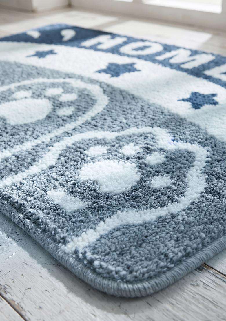 Saffron Rugs Hand Tufted Cotton Bath Mat | Slate Blue Rectangular | Anti Slip Backing | Casual Typography BATHMATS Bathroom Rug - Indya