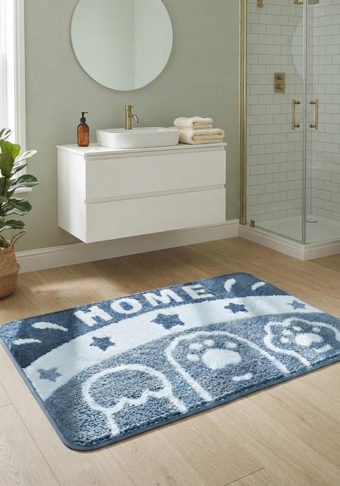 Saffron Rugs Hand Tufted Cotton Bath Mat | Slate Blue Rectangular | Anti Slip Backing | Casual Typography BATHMATS Bathroom Rug