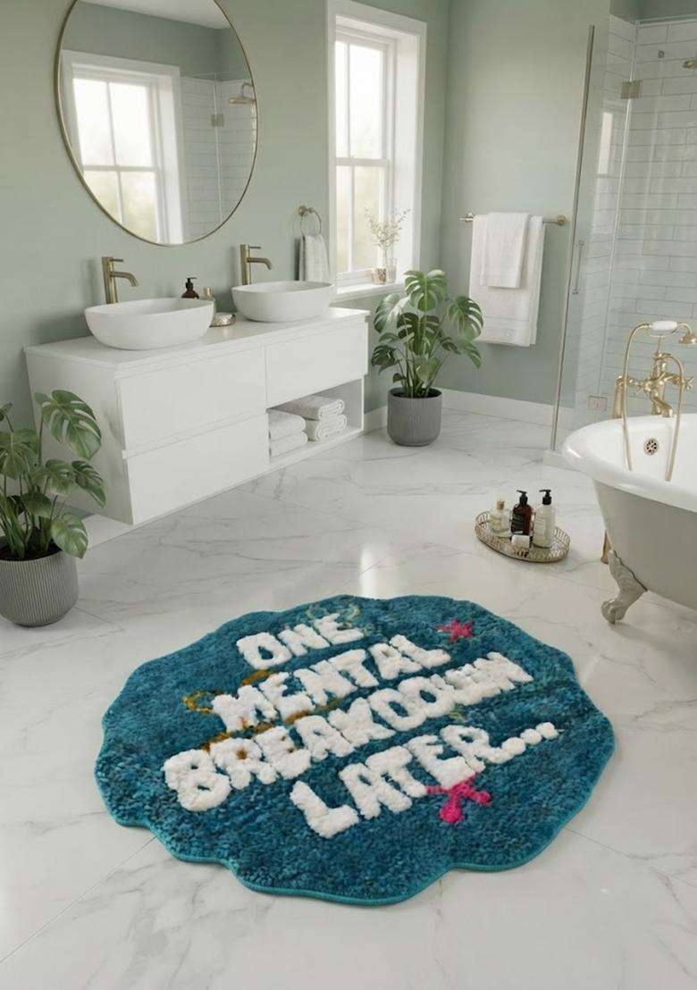 Saffron Rugs Hand Tufted Cotton Bath Mat | Teal Blue Scalloped | Anti Slip Backing | Eclectic Typography BATHMATS Bathroom Rug - Indya