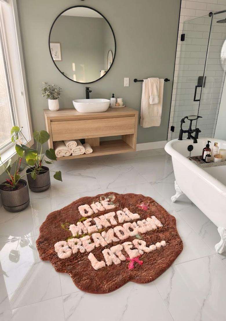 Saffron Rugs Hand Tufted Cotton Bath Mat | Brown Rust Scalloped | Anti Slip Backing | Eclectic Typography BATHMATS Bathroom Rug - Indya