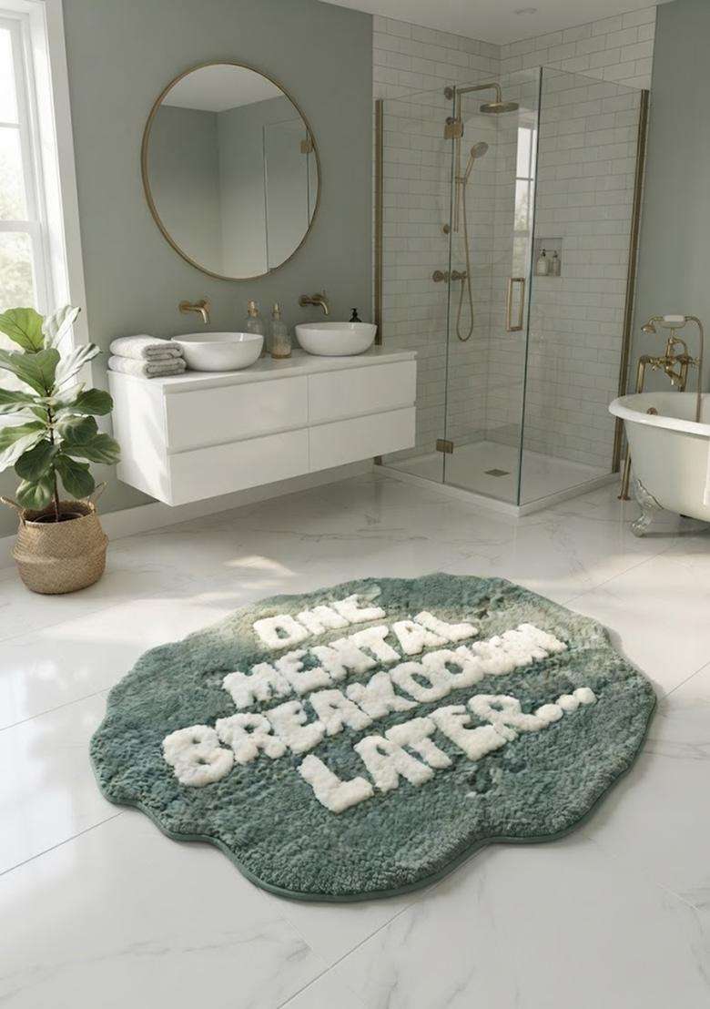 Saffron Rugs Hand Tufted Cotton Bath Mat | Sage Green Scalloped | Anti Slip Backing | Eclectic Typography BATHMATS Bathroom Rug - Indya